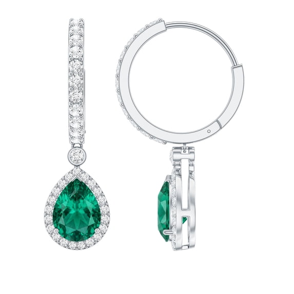 Rosec Jewels Lab Grown Emerald Drop Earrings (6X8mm Pear, AAAA Grade) - Emerald Hoop Earrings with Moissanite - Ready to Gift, 14K White Gold