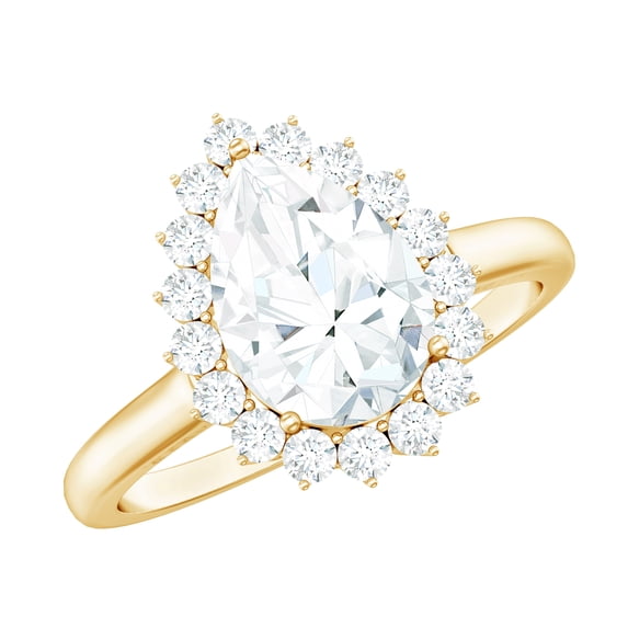 Rosec Jewels Certified Cubic Zirconia Teardrop Engagement Ring with Halo - 7X9 mm Pear Shape - AAAA Quality - with Jewelry Box, 14K Yellow Gold, US 6.50