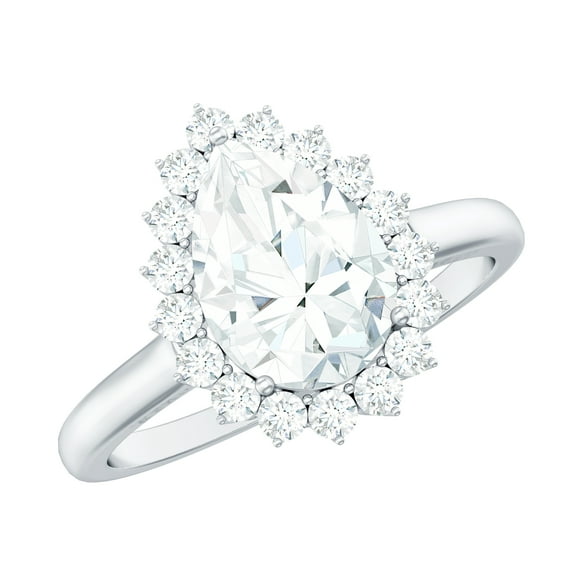 Rosec Jewels Certified Cubic Zirconia Teardrop Engagement Ring with Halo - 7X9 mm Pear Shape - AAAA Quality - with Jewelry Box, 18K White Gold, US 4.00
