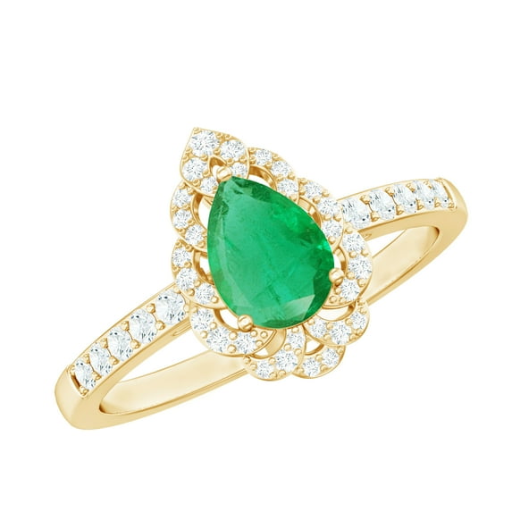 Rosec Jewels Emerald Engagement Ring for Women (5X7 mm Pear Shape, AAA Grade) - Leaf Inspired Emerald Diamond Ring with Jewelry Box, 10K Yellow Gold, US 9.00