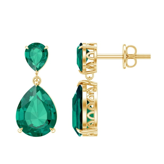 Rosec Jewels Pear Shape Emerald Drop Earrings for Women (AAAA Grade Created Emerald), 10K Yellow Gold