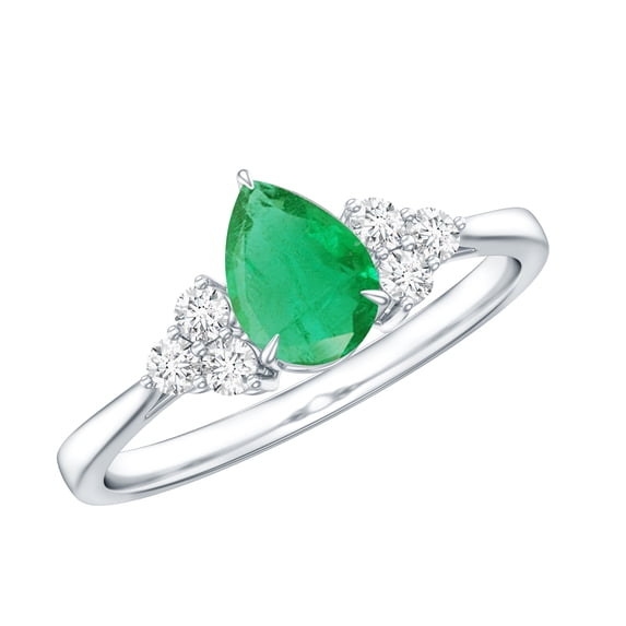 Pear Shape Emerald Solitaire Ring with Diamond for Women - (0.6 Ct, AAA Grade), 10K White Gold, US 11.00