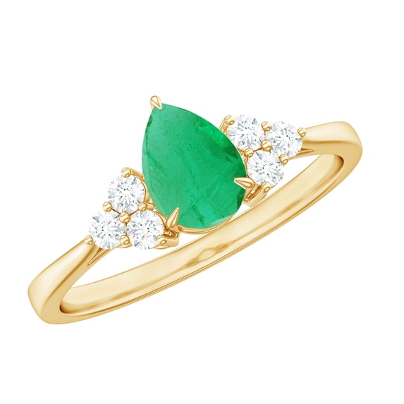 Rosec Jewels Pear Shape Emerald Solitaire Ring with Diamond for Women - 5X7 mm (AAA Grade), 14K Yellow Gold, US 7.50