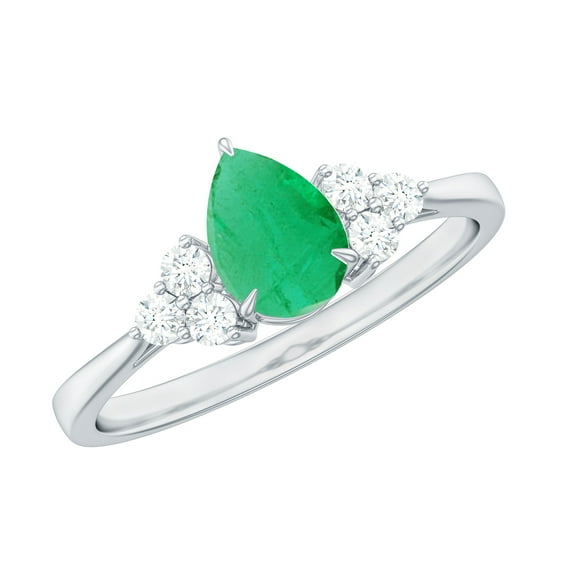 Rosec Jewels Pear Shape Emerald Solitaire Ring with Diamond for Women - 5X7 mm (AAA Grade), 925 Sterling Silver, US 4.00