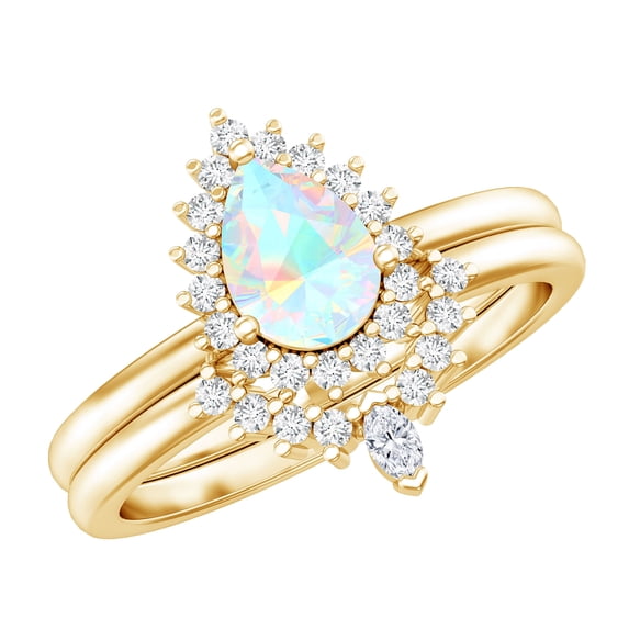 Rosec Jewels Natural Ethiopian Opal Diamond Wedding Ring Set of 2 - Vintage Style Opal Engagement Ring with Enhancer - AAA Grade, 18K Yellow Gold, US 5.50