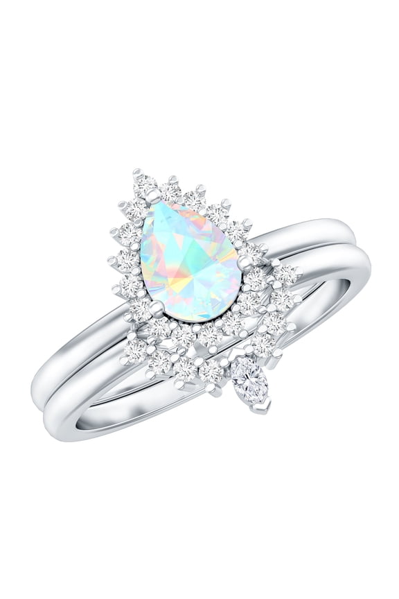 Vintage Style Ethiopian Opal Diamond Wedding Ring Set - Pear Shape Opal Engagement Ring with Enhancer - AAA Grade, 925 Sterling Silver, US 4.00