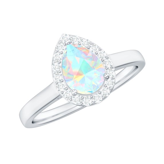 Rosec Jewels Natural Ethiopian Opal Pear Shaped Engagement Ring with Halo - 5X7 mm - Opal Diamond Ring - AAA Quality, 10K White Gold, US 10.00