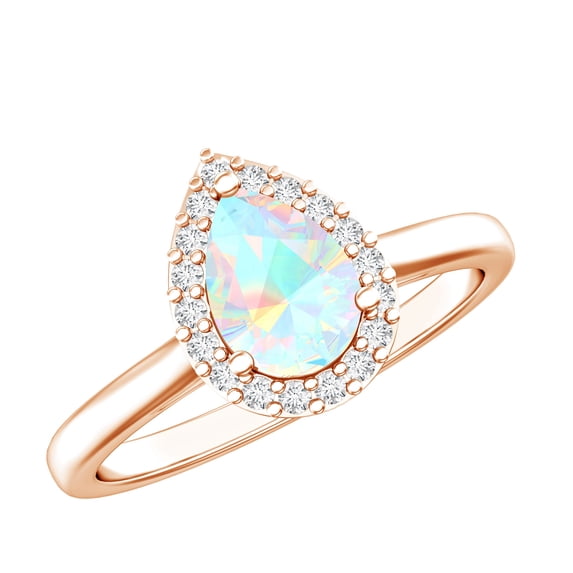 Rosec Jewels Natural Ethiopian Opal Pear Shaped Engagement Ring with Halo - 0.7 Carat - Opal Diamond Ring - AAA Quality, 14K Rose Gold, US 4.00