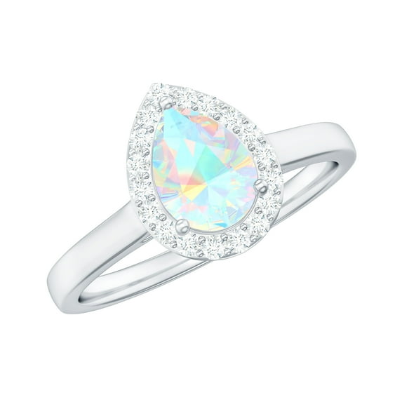 Rosec Jewels Natural Ethiopian Opal Pear Shaped Engagement Ring with Halo - 5X7 mm - Opal Diamond Ring - AAA Quality, 14K White Gold, US 11.00