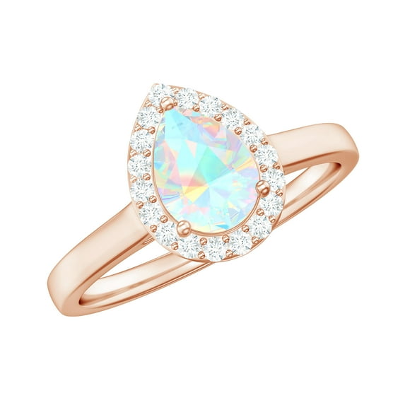 Rosec Jewels Natural Ethiopian Opal Pear Shaped Engagement Ring with Halo - 5X7 mm - Opal Diamond Ring - AAA Quality, 18K Rose Gold, US 5.00