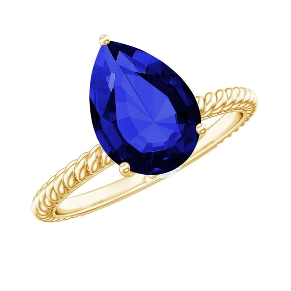 Rosec Jewels Pear Shape Lab Created Blue Sapphire Solitaire Ring with Moissanite - 7X10 mm, 18K Yellow Gold, US 10.50