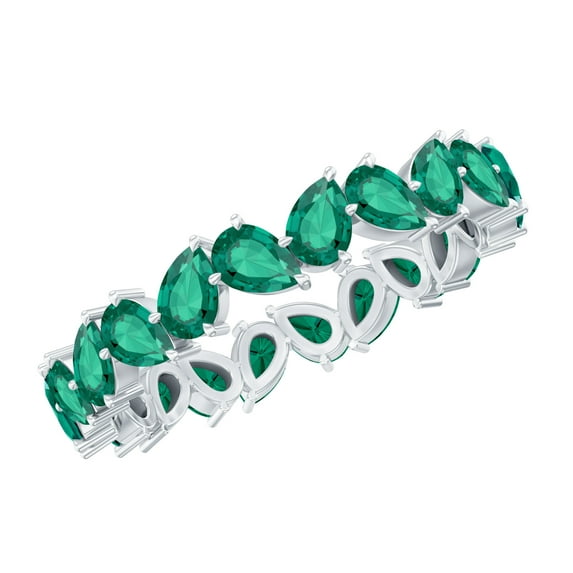 Rosec Jewels Pear Shape Lab Grown Emerald Eternity Ring for Women - AAAA Grade, 10K White Gold, US 11.50