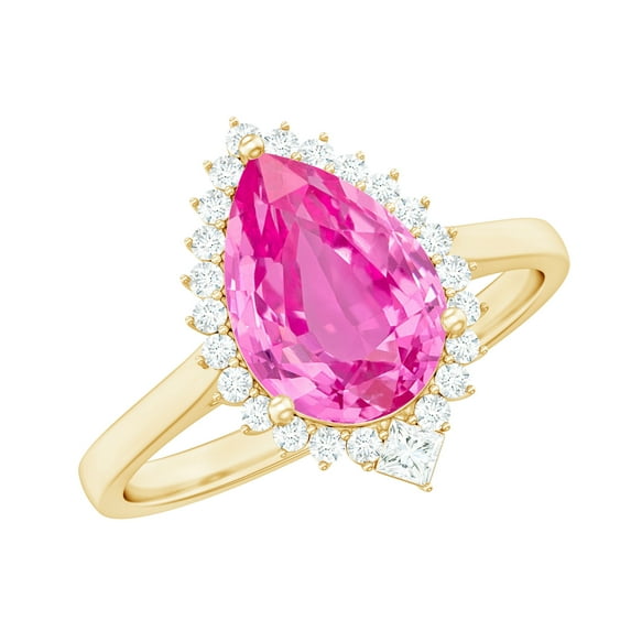 Rosec Jewels Lab Grown Pink Sapphire Teardrop Engagement Ring with Halo - Pink Sapphire Diamond Ring (7X10 mm Pear Shape), 10K Yellow Gold, US 4.00