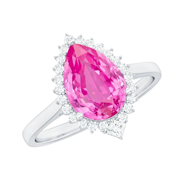 Rosec Jewels Lab Grown Pink Sapphire Teardrop Engagement Ring with Halo - Pink Sapphire Diamond Ring (7X10 mm Pear Shape), 14K White Gold, US 7.50