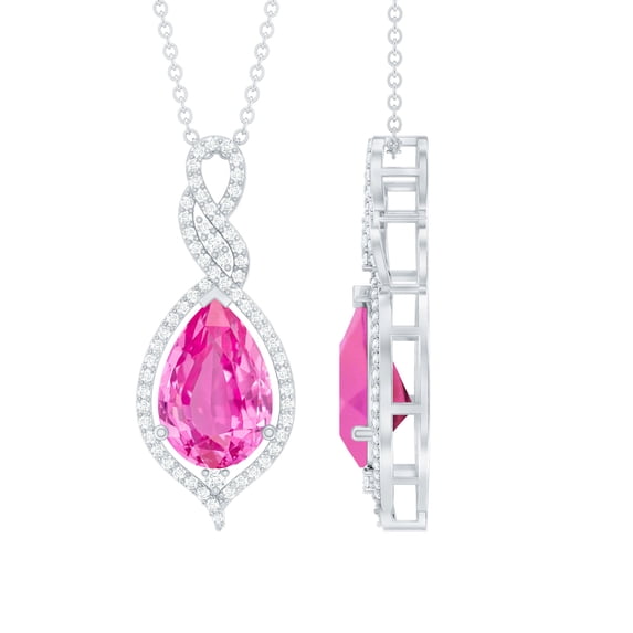 Rosec Jewels Pear Shape Lab Grown Pink Sapphire Pendant with Diamond for Women - 12X8 mm, 10K White Gold