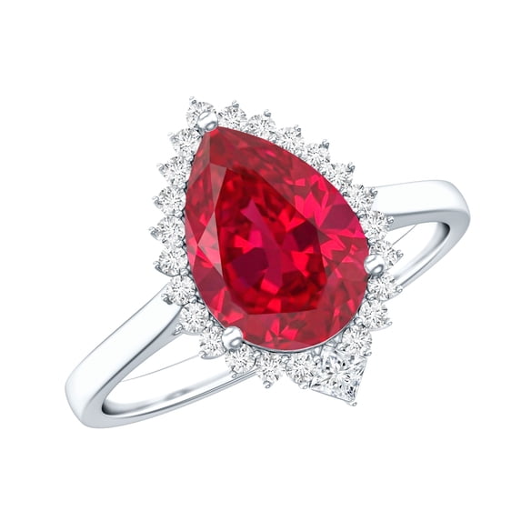 Rosec Jewels Lab Grown Ruby Teardrop Engagement Ring with Halo - Ruby Diamond Ring (2.9 Carat Pear Shape, AAAA Grade Certified), 10K White Gold, US 5.50