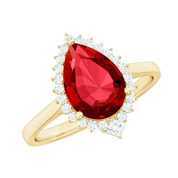 Rosec Jewels Lab Grown Ruby Teardrop Engagement Ring with Halo - Ruby Diamond Ring (7X10 mm Pear Shape, AAAA Grade Certified), 18K Yellow Gold, US 4.00
