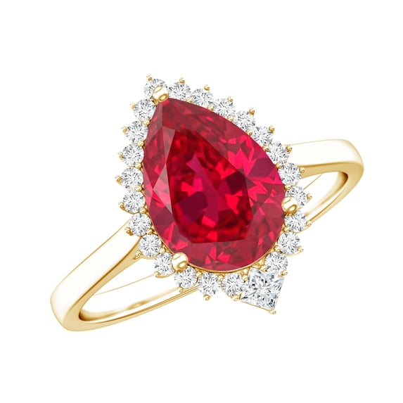 Rosec Jewels Lab Grown Ruby Teardrop Engagement Ring with Halo - Ruby Diamond Ring (2.9 Carat Pear Shape, AAAA Grade Certified), 18K Yellow Gold, US 4.00