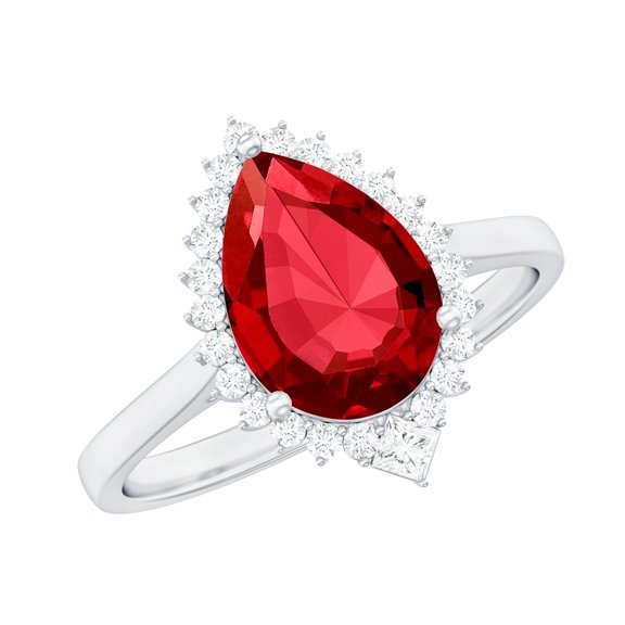 Rosec Jewels Lab Grown Ruby Teardrop Engagement Ring with Halo - Ruby Diamond Ring (7X10 mm Pear Shape, AAAA Grade Certified), 925 Sterling Silver, US 4.00