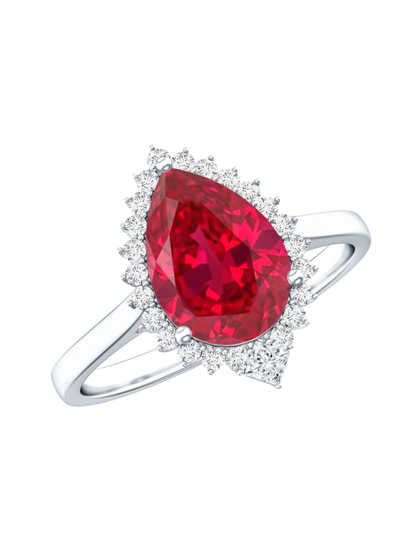 Lab Grown Ruby Engagement Ring with Halo - Ruby Diamond Ring (2.9 Ct Pear Shape, AAAA Grade), 925 Sterling Silver, US 4.00