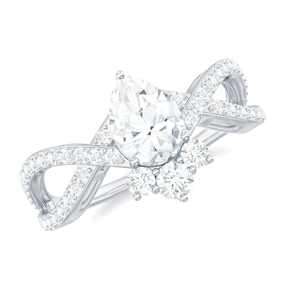 Rosec Jewels Certified Moissanite Engagement Ring - Designer Crossover Ring for Women - 5X7 mm Pear - D-VS1 Grade, 10K White Gold, US 7.50