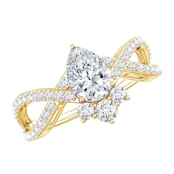Rosec Jewels Certified Moissanite Engagement Ring - Designer Crossover Ring for Women - 5X7 mm Pear - D-VS1 Grade, 14K Yellow Gold, US 6.00