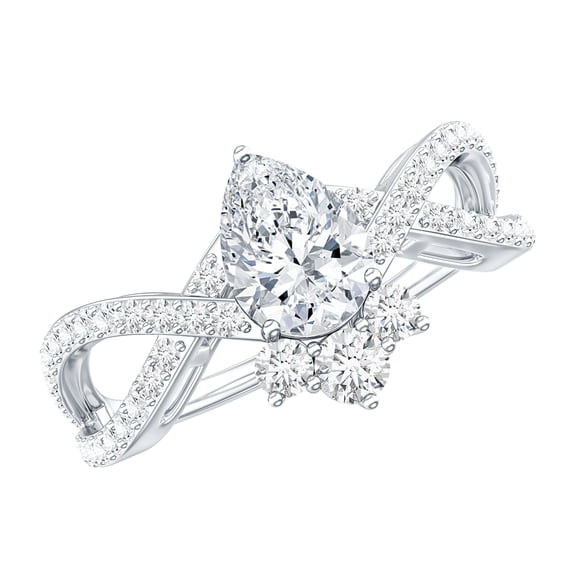 Rosec Jewels Certified Moissanite Engagement Ring - Designer Crossover Ring for Women - 5X7 mm Pear - D-VS1 Grade, 925 Sterling Silver, US 4.00