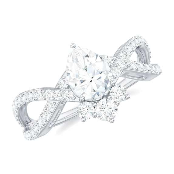 Rosec Jewels Certified Moissanite Engagement Ring - Designer Crossover Ring for Women - 5X7 mm Pear - D-VS1 Grade, 925 Sterling Silver, US 9.50