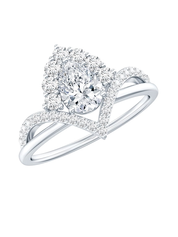 Pear Shape Moissanite Engagement Ring for Women - 5X7 mm Pear Shape - D-VS1 Quality - V Shape Ring - with Jewelry Box, 10K White Gold, US 6.50