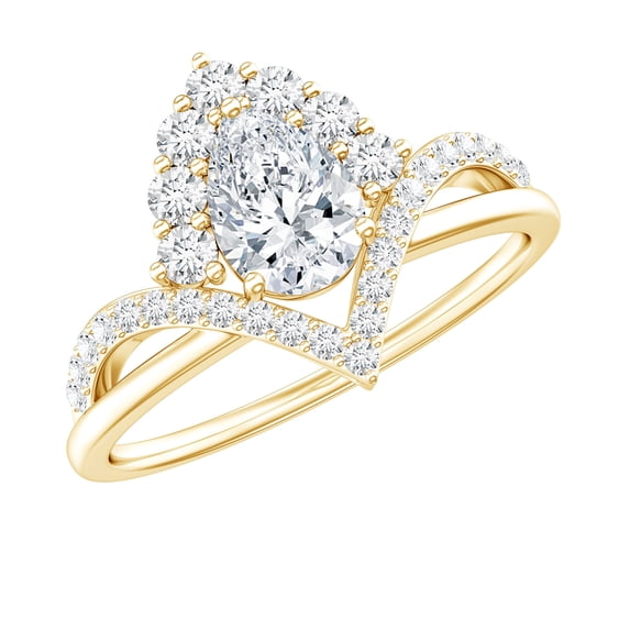 Rosec Jewels Pear Shape Moissanite Engagement Ring for Women - 5X7 mm Pear Shape - D-VS1 Quality - V Shape Ring - with Jewelry Box, 10K Yellow Gold, US 12.00