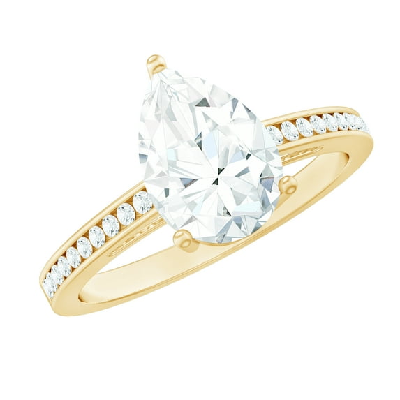 Rosec Jewels Pear Moissanite Engagement Ring with Side Stones - 7X10 mm Teardrop Ring for Women - 2 Ct Ring - D-VS1 Grade, 14K Yellow Gold, US 5.00