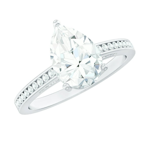 Rosec Jewels Pear Moissanite Engagement Ring with Side Stones - 7X10 mm Teardrop Ring for Women - 2 Ct Ring - D-VS1 Grade, 18K White Gold, US 6.00