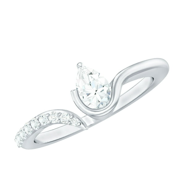 Rosec Jewels Pear Shape Moissanite Solitaire Ring for Women, Open Cuff Ring - 5x7 mm, D-VS1 Grade, 14K White Gold, US 3.50