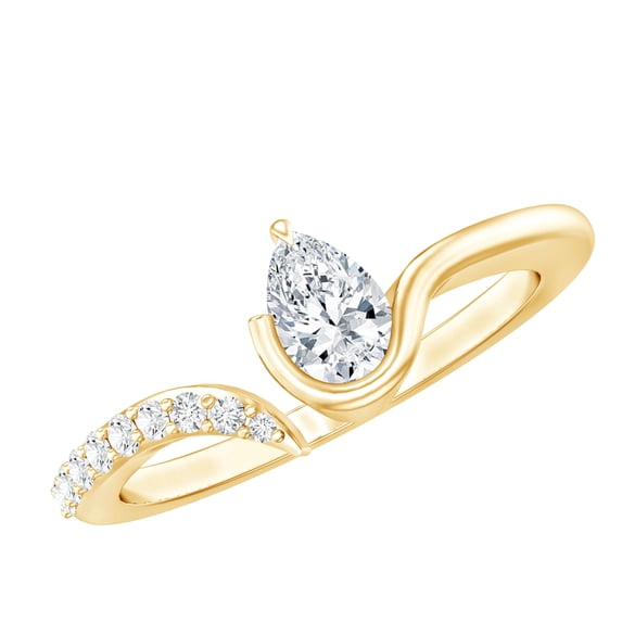 Pear Shape Moissanite Solitaire Ring for Women, Open Cuff Ring - 5x7 mm, D-VS1 Grade, 14K Yellow Gold, US 6.00