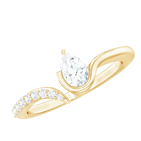 Rosec Jewels Pear Shape Moissanite Solitaire Ring for Women, Open Cuff Ring - 5x7 mm, D-VS1 Grade, 14K Yellow Gold, US 7.50