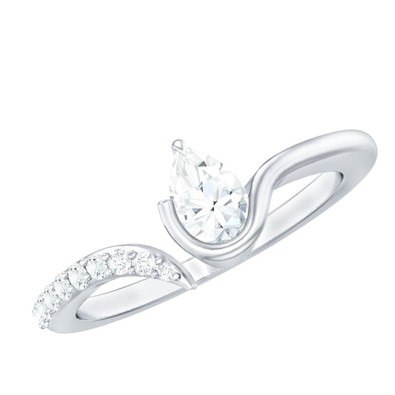 Rosec Jewels Pear Shape Moissanite Solitaire Ring for Women, Open Cuff Ring - 5x7 mm, D-VS1 Grade, 925 Sterling Silver, US 4.00