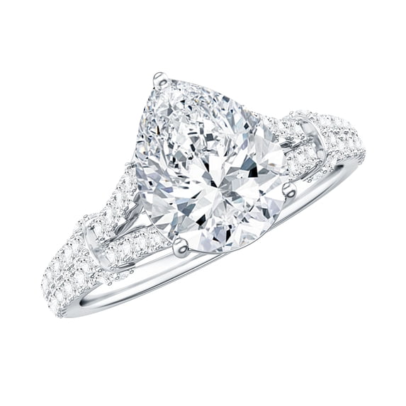 Rosec Jewels Moissanite Pear Shape Engagement Ring 2 Carat - 7X10 mm - D-VS1 Quality Moissanite Split Shank Ring, 18K White Gold, US 10.50