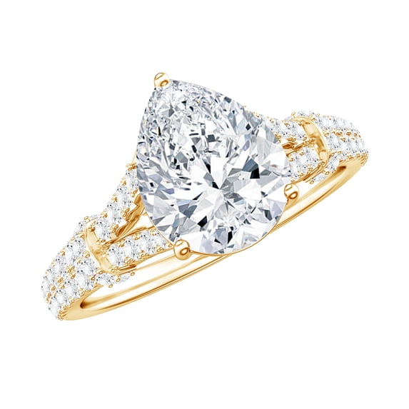Rosec Jewels Moissanite Pear Shape Engagement Ring 2 Carat - 7X10 mm - D-VS1 Quality Moissanite Split Shank Ring, 18K Yellow Gold, US 4.00