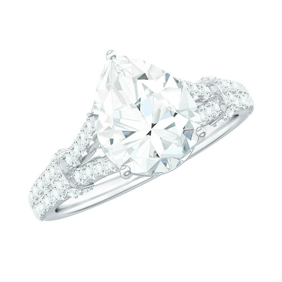 Rosec Jewels Moissanite Pear Shape Engagement Ring 2 Carat - 7X10 mm - D-VS1 Quality Moissanite Split Shank Ring, 925 Sterling Silver, US 4.00