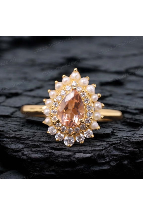 Pear Shape Morganite Engagement Ring Art Deco Diamond and Pearl Double Halo Ring Women Fine Jewelry Chrismtas Gift For Wife