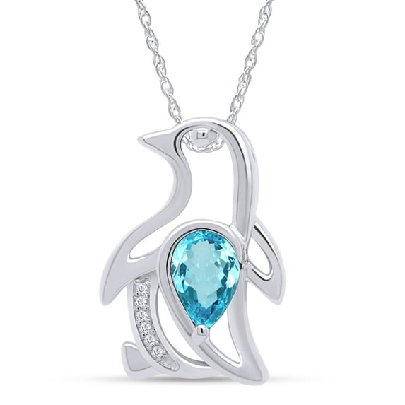 AFFY Pear Shape Simulated Aquamarine & White Cubic Zirconia Penguin Pendant Necklace In 14K White Gold Over Sterling Silver