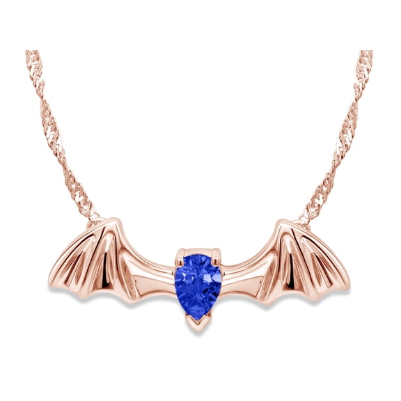 AFFY Pear Shape Simulated Blue Sapphire Flying Austin Bat Pendant Necklace In 14K Rose Gold Over Sterling Silver