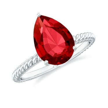 Rosec Jewels Pear Shape Simulated Ruby Solitaire Ring with Moissanite - 7X10 mm - AAAA Grade, 925 Sterling Silver, US 4.00