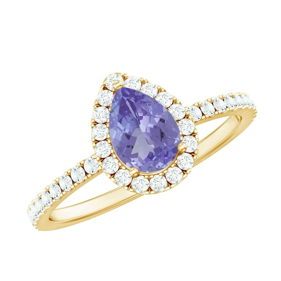 Rosec Jewels Tanzanite Teardrop Engagement Ring with Halo - 5X7 mm - Tanzanite Diamond Ring for Women - AAA Quality Certified, 18K Yellow Gold, US 5.50