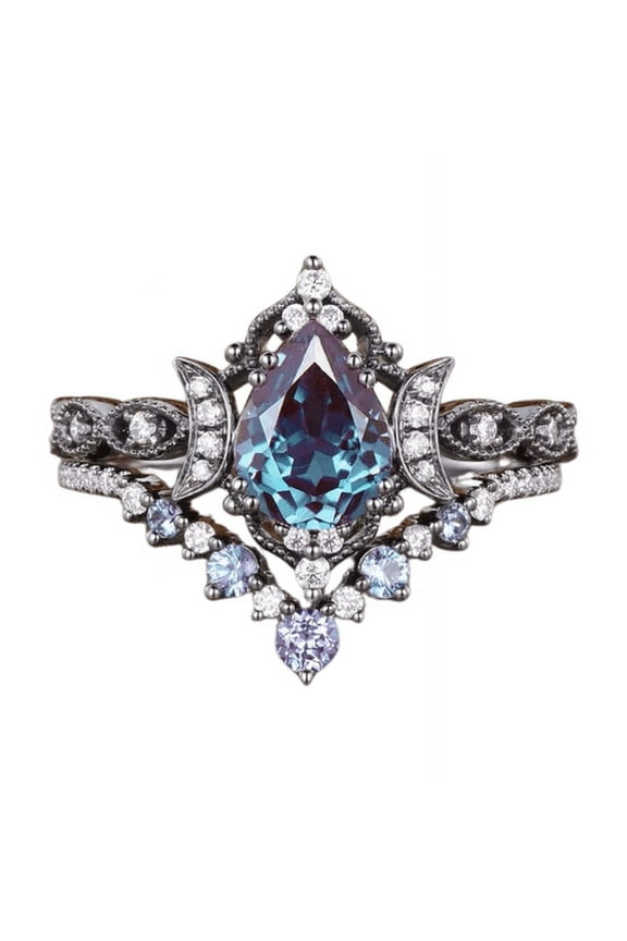 Pear Shaped Alexandrite Ring Set in 14K Black Gold Finish- Moon Engagement Gothic Crescent Ring