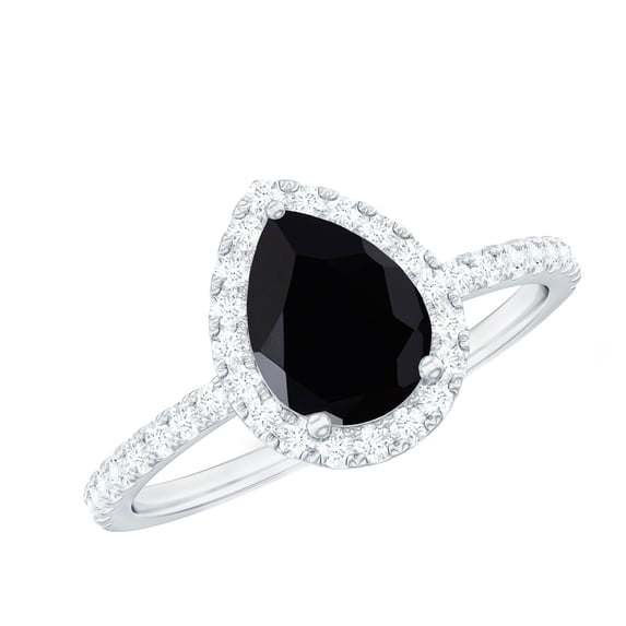Rosec Jewels Black Onyx Teardrop Engagement Ring with Halo - Black Onyx Diamond Ring (6X8 mm Pear Onyx, AAA Quality Certified), 14K White Gold, US 7.00