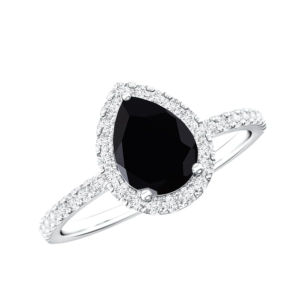 Rosec Jewels Black Onyx Teardrop Engagement Ring with Halo - Black Onyx Diamond Ring (6X8 mm Pear Onyx, AAA Quality Certified), 14K White Gold, US 7.50