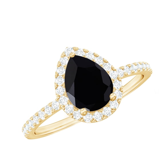 Rosec Jewels Black Onyx Teardrop Engagement Ring with Halo - Black Onyx Diamond Ring (6X8 mm Pear Onyx, AAA Quality Certified), 18K Yellow Gold, US 9.50
