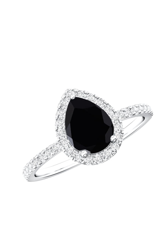 Black Onyx Teardrop Engagement Ring with Halo (1 Ct, AAA Grade Certified) - Black Onyx Diamond Ring with Jewelry Box, 925 Sterling Silver, US 11.00