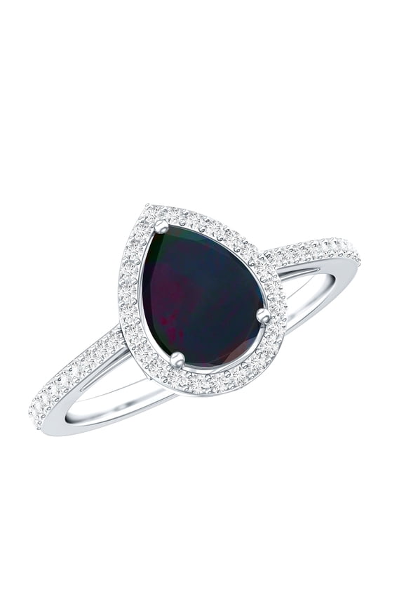 Classic Black Opal Teardrop Engagement Ring with Halo - 1 Carat - Real Black Opal Diamond Ring - AAA Quality, 14K White Gold, US 6.00